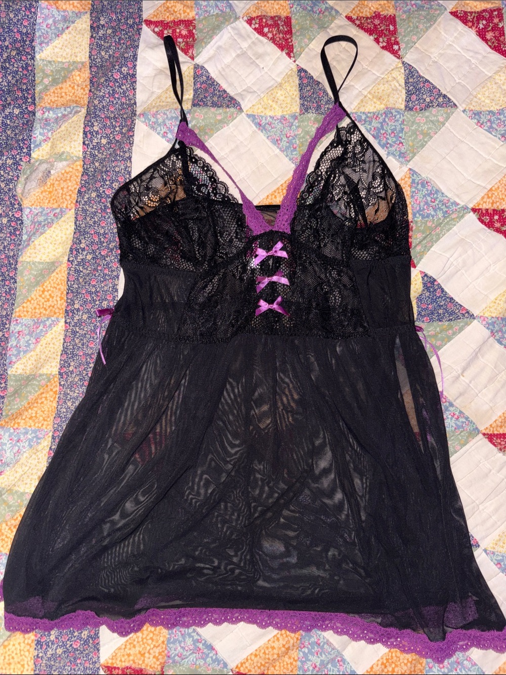 Adore Me Black Sheer Lace Chemise with Purple Trim